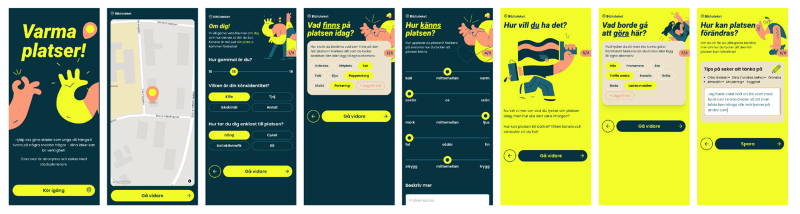 En serie av skärmbilder som visar stegen i en mobilapp för att identifiera och ge feedback på varma platser i en stad, framtaget med ung designdialog.