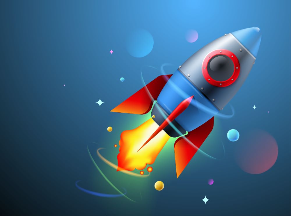 Illustration av en rymdraket som flyger och har små planeter och stjärnor runt sig, mot en tonad bakgrund.