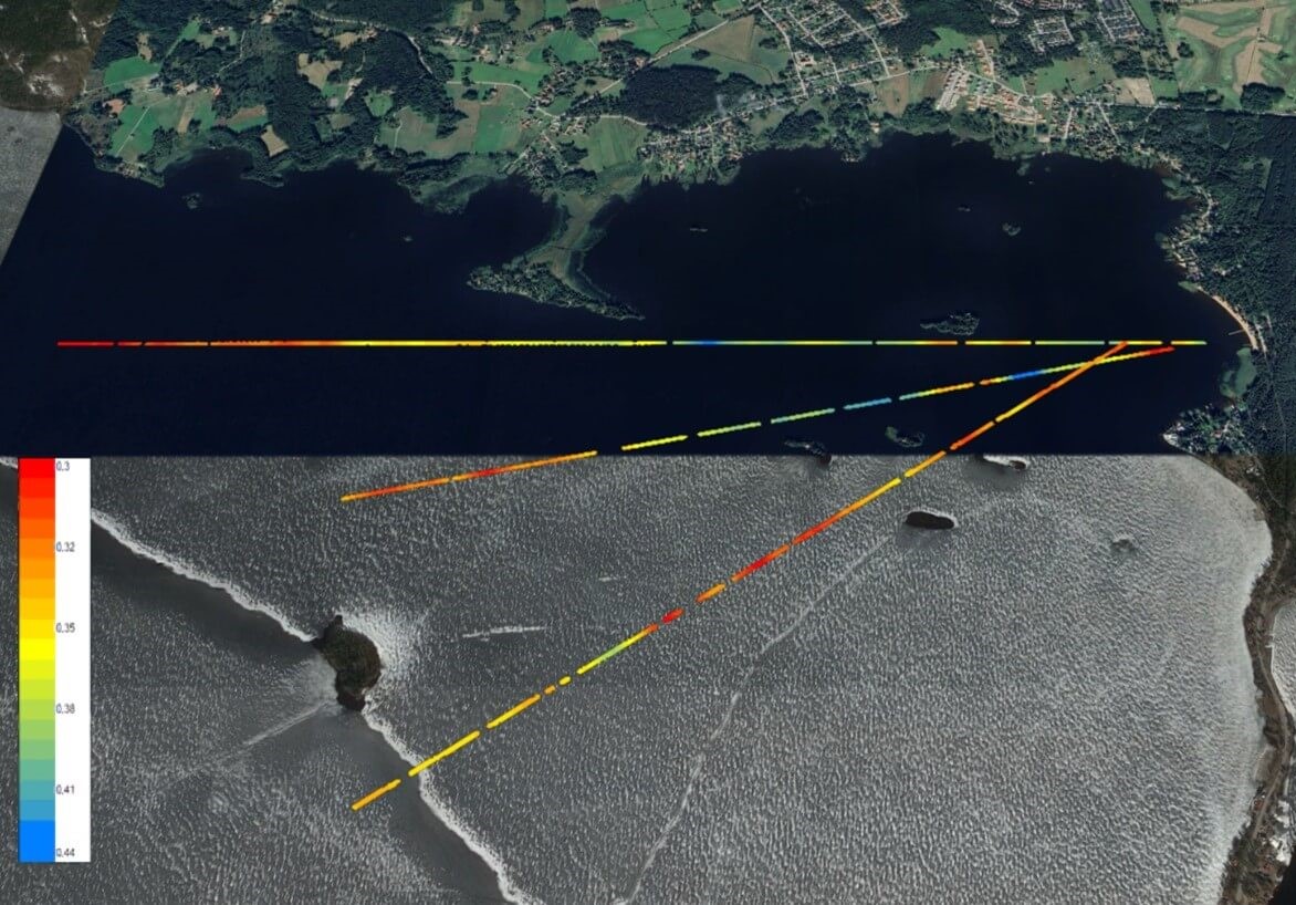 Karta med tolkad istjocklek utmarkerad utifrån en färgskala.