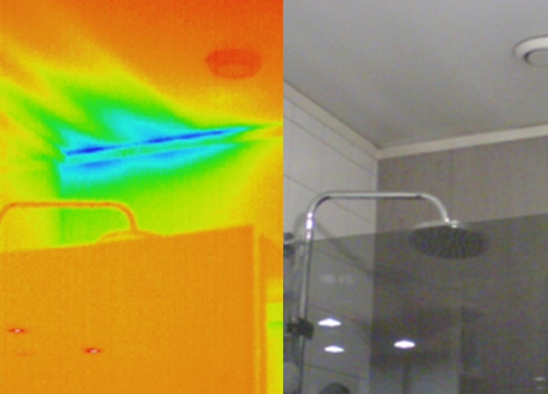 Jämförelse mellan en bild tagen i ett badrum jämfört med samma bild men med hjälp av termografering.