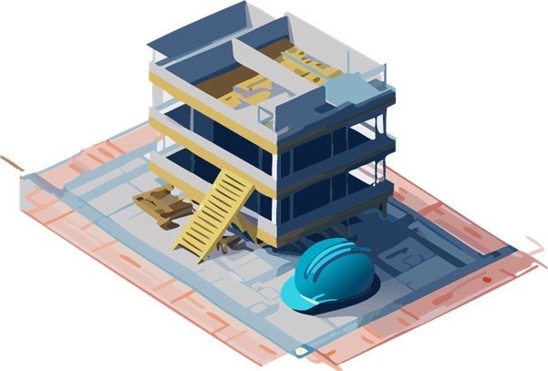 Illustration av byggnad som är under uppbyggnad med en bygghjälm bredvid.