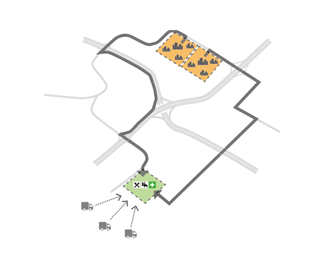 Illustration av hur en plan för storskalig utrymning skulle kunna se ut, med möjliga vägar till uppsamlingsplats och symboler för vad som finns där.