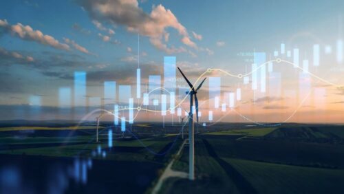En vindkraftpark med flera vindkraftverk i en grön landsbygd, överlagrad med grafiska diagram och analyser som symboliserar energiproduktion och ekonomiska data.