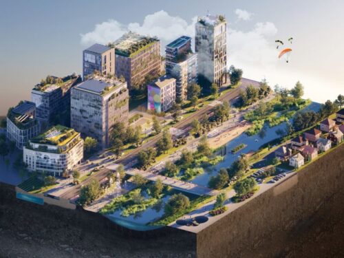 Urban framtidsvision med gröna byggnader, parker och vattenområden. Högteknologiska byggnader med vegetationsklädda tak och moderna stadselement, inklusive en central väg, lekplatser och bostadshus. Paraglidare svävar över området.
