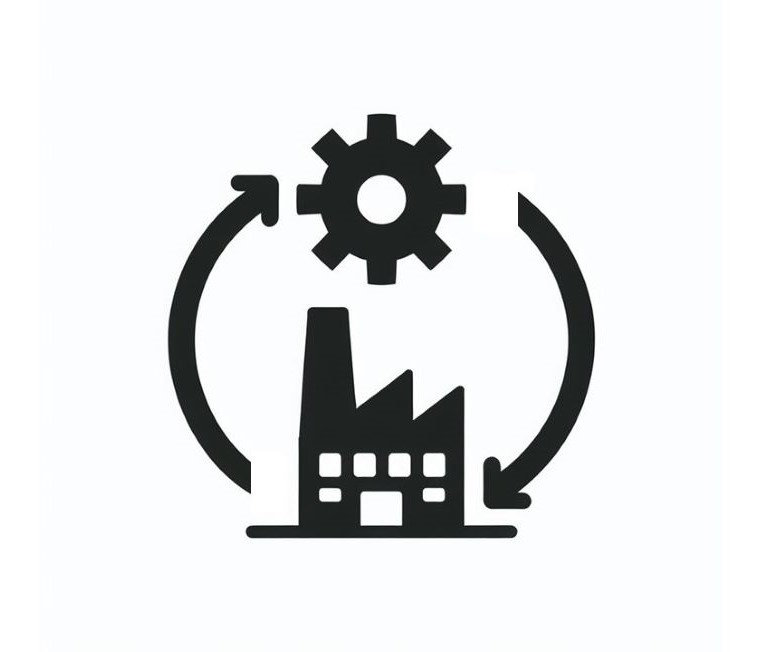 En svartvit ikon av en fabrik med ett kugghjul ovanför, omgivna av cirkulära pilar som symboliserar en återkommande industriell process.