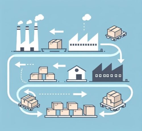En illustration som visar en fabrik och lager med pilar som symboliserar en återkommande industriell process och varuflöde.