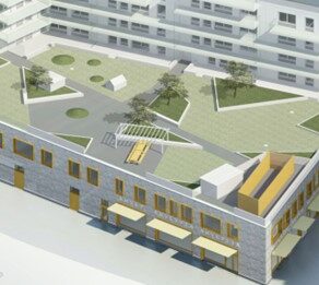 En arkitektonisk illustration av ett modernt bostadskomplex med en takterass som innehåller gröna ytor, träd och sittplatser.