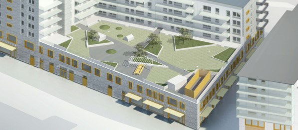 En arkitektonisk illustration av ett modernt bostadskomplex med en takterass som innehåller gröna ytor, träd och sittplatser.