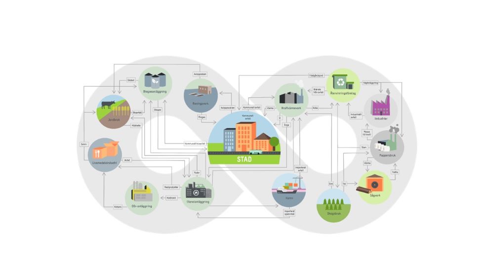 Illustration av en stad i centrum med pilar som visar cirkulära material- och energiflöden mellan bland annat jordbruk, biogas, reningsverk, energi, återvinning, industri, skogsbruk, hamn och pappersbruk.