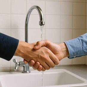 Två händer som skakar hand framför en kran med rinnande vatten.