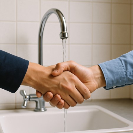 Två händer som skakar hand framför en kran med rinnande vatten.