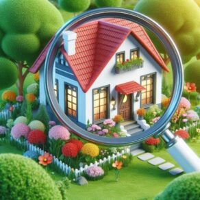 AI-genererat förstoringsglas som fokuserar på ett litet hus med rött tak i en färgglad trädgård med vitt staket.