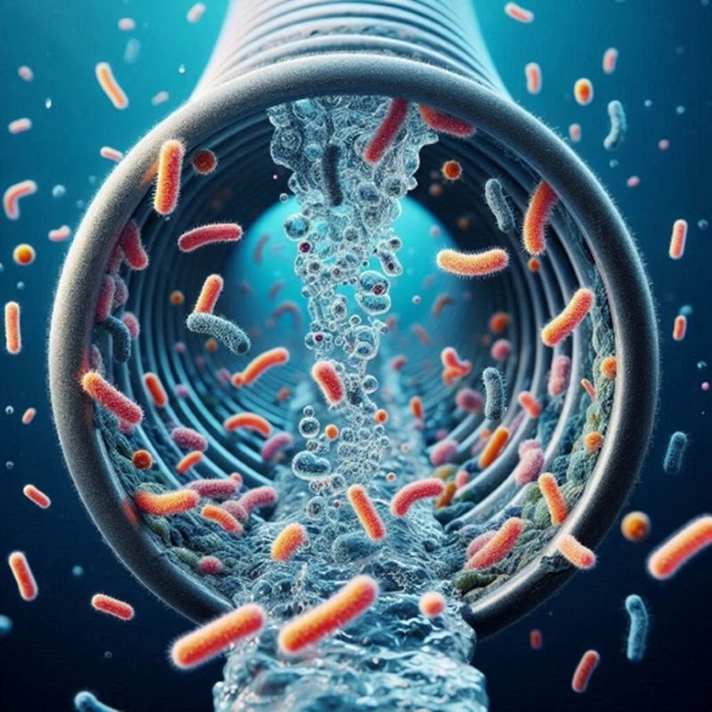 AI-genererad närbild av vatten som strömmar genom ett rör, omgiven av färgglada bakterier/mikroorganismer.