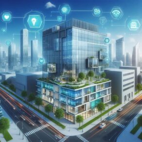 AI-genererat futuristiskt glasat kontorshus med gröna takterrasser i stadsmiljö, omgivet av ikoner för smarta IoT‑funktioner.