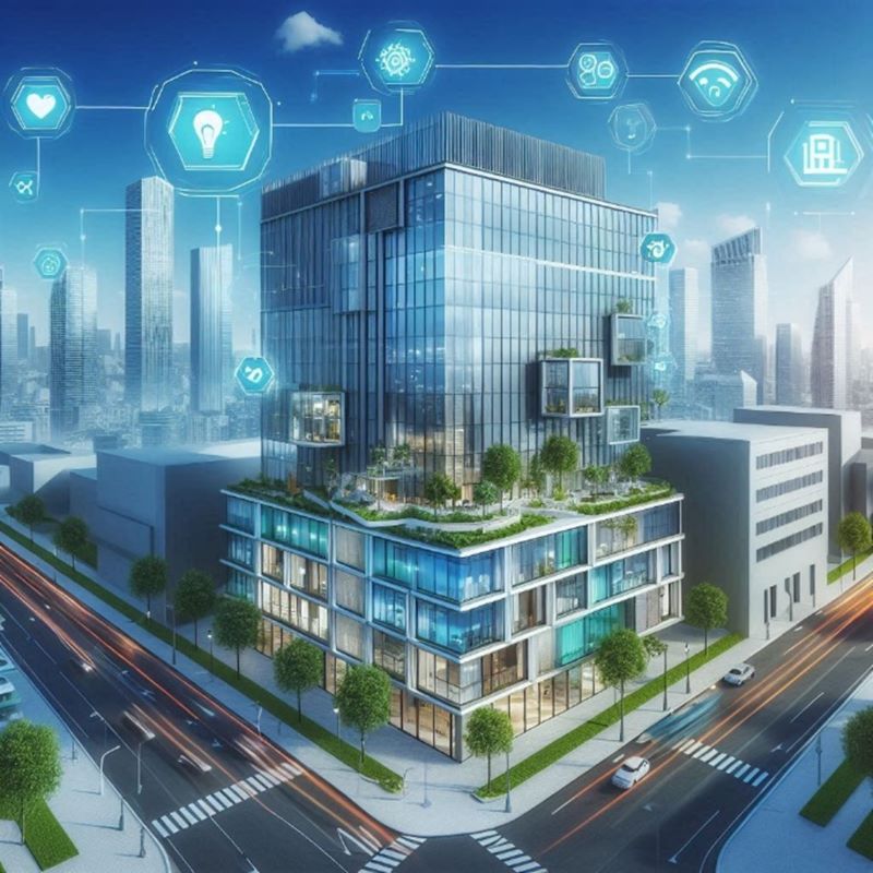 AI-genererat futuristiskt glasat kontorshus med gröna takterrasser i stadsmiljö, omgivet av ikoner för smarta IoT‑funktioner.