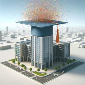 Modernt kontorshus i stadsmiljö med en stor examenshatt på taket där färgglad konfetti sprutar upp.