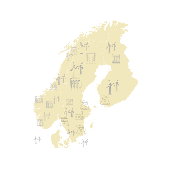 Ljus karta över Norden med utspridda ikoner för vindkraftverk, vattenkraft/dammar, och kärnkraftverk.