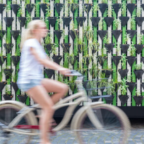 Cyklist som passerar en fasad med vertikal växtvägg på en grön byggnad – illustrerar hållbara, hälsosamma stadsmiljöer och WELL certifiering med fokus på välbefinnande, rörelse och grön inomhus- och utomhusmiljö.