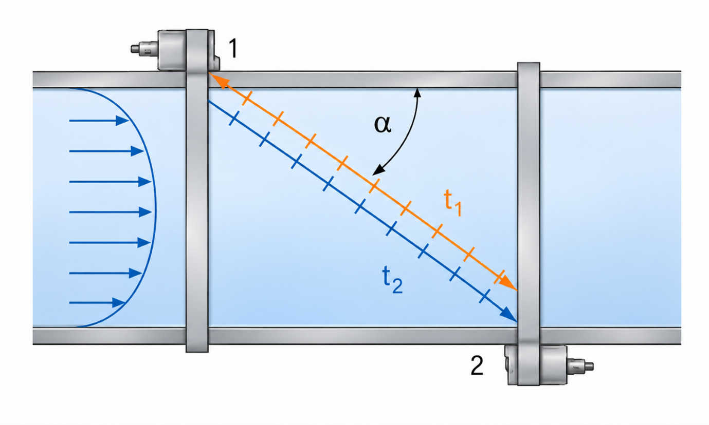 Illustration av clamp-on flödesmätning i en trycksatt ledning, där två ultraljudsgivare på rörets utsida mäter signalernas gångtid genom det strömmande mediet.